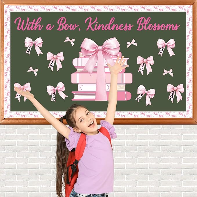Pink Bow Bulletin Board Set Motivational Kindness Classroom Bulletin Board Decorations Bow Reading Book Cutouts Border Classroom Decorations for Back to School Office Home Chalkboard Decor Wall Door