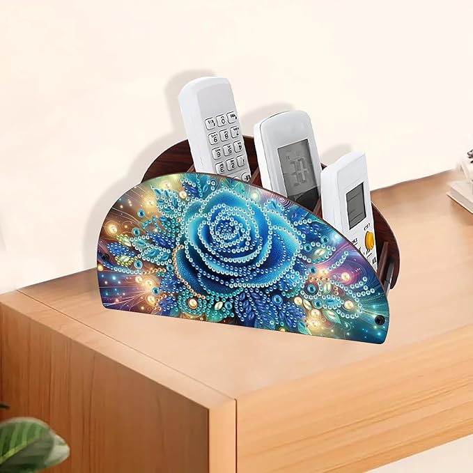 Remote Control Holder with 4 Compartments, DIY Diamond Art Painting Wooden Half Moon TV Control Holder for Remote Controllers, Office Supplies, Makeup Brush, Media Accessories-Blue Rose