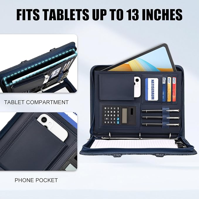 Portfolio Binder 3 Ring Includes Pen and 5 Dividers with 10 Pockets, Padfolio Organizer with Magnetic Handle for Men and Women, Includes A4 Notepad for Business, School, Work