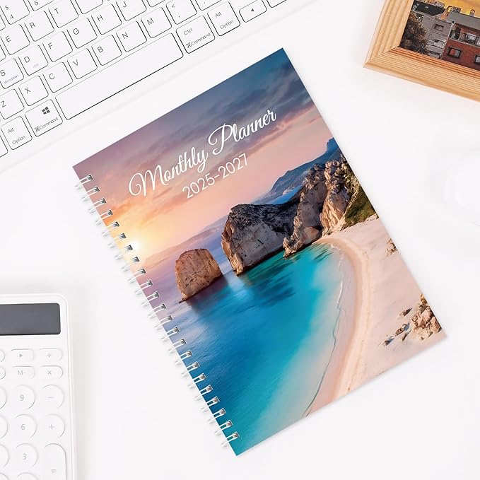 Monthly Planner 2025-2027, Monthly Calendar July 2025 - December 2027, A5 Planner 2025-2026 with Coil, 5.9'' x 8.4'', Perfect for Office School Supplies Organizing Planning - Beach