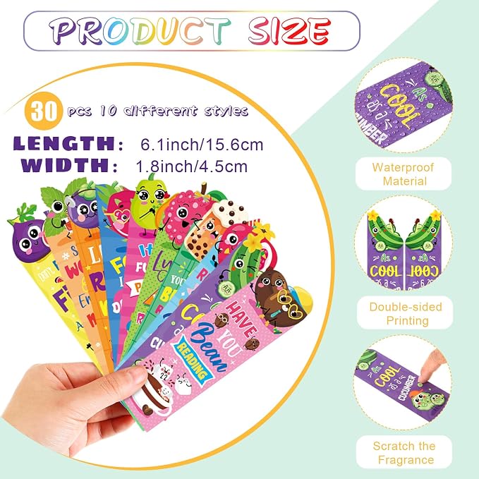 Teling 80 Pcs Scented Bookmarks and Pencils with Cute Toppers Set Fun Pencils Fruit Food Theme Scratch and Sniff Bookmarks Cartoon Pen Toppers Study Supplies(Novel Style)