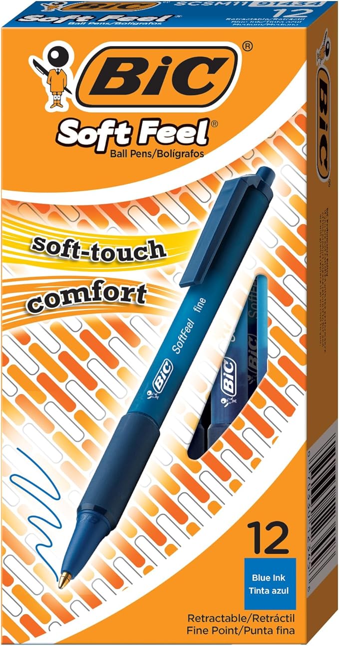 BIC(R Soft Feel(R) Retractable Ballpoint Pens, 1.0 mm, Medium Point, Blue Barrel, Blue Ink, Pack Of 12, BICSCSM11BE