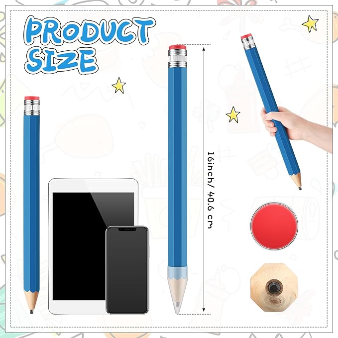 16 Inch Wooden Large Jumbo Pencils Giant Big Funny Wood Pencil with Cap and Eraser Fun Novelty Gifts for Kids School Kindergarten Home Office Prop Supplies(Blue)