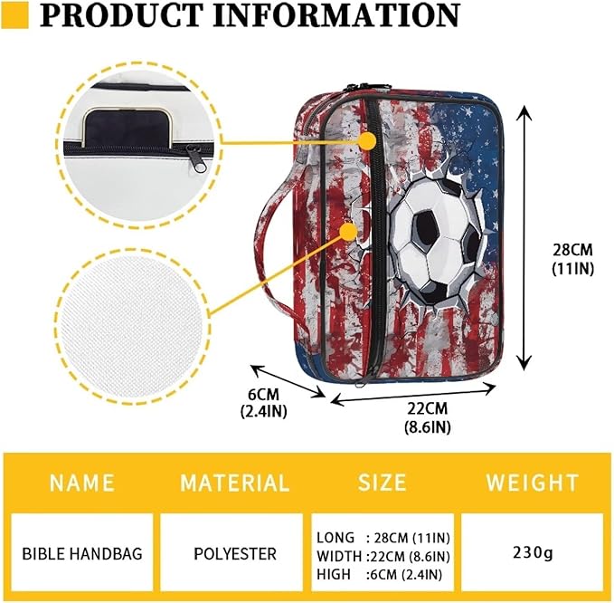 Soccer Ball US Flag Print Bible Covers for Women & Men, Bible Case and Organizer Bible Carrying Case with Zippered Pocket Bible Protective Bag