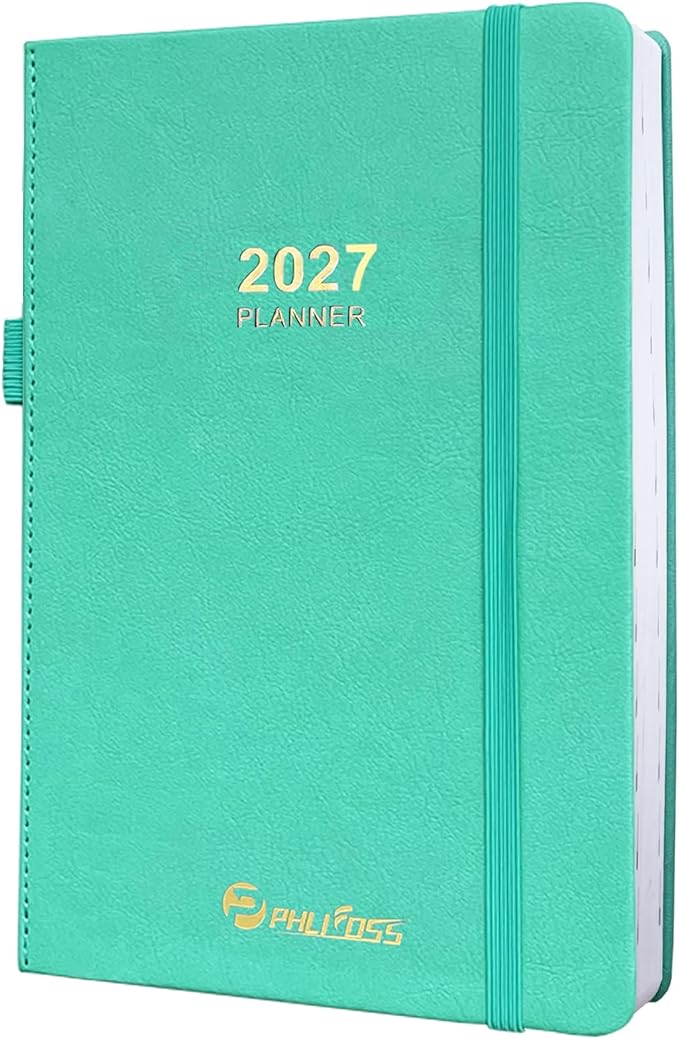 2027 Daily Planner/Calendar, One Page Per Day, Daily Monthly Agenda Planner with Time Slots and Monthly Tabs, Jan - Dec 2027, 5.7" x 8.25" Appointment Book, Pen Holder, Leather Cover (Lake Green)