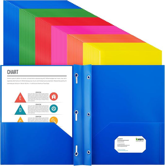 Cholemy 72 Packs Pocket Folders with Prongs Heavy Duty Plastic Folder with Business Card Slot 3 Prong Fasteners for School Office (Vivid)