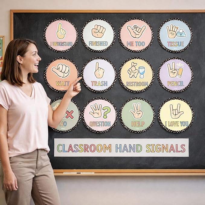 MotiMind 15 Pcs Classroom Hand Signal Cards Signal with Adhesive Tapes Decor Classroom Learning Bulletin Board Hand Signals Language Posters for Teachers Students Visual Cues (Multicolor Circular)