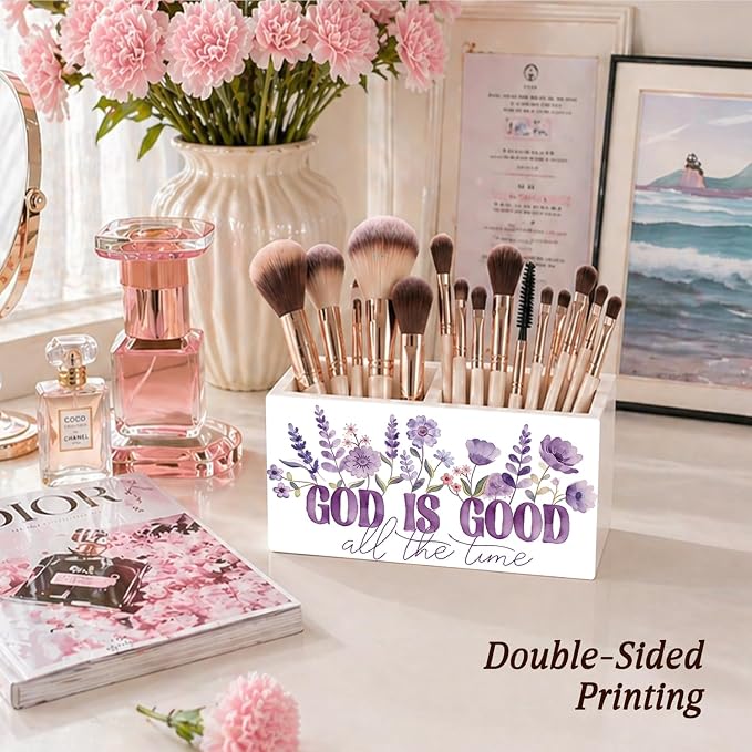 Purple Floral Christian Pen Pencil Holder for Desk Christian Gifts for Women, God is Good All the Time Bible Verse Pencil Holders Wooden Box Organizer for Home Office Bedroom Desk Tabletop