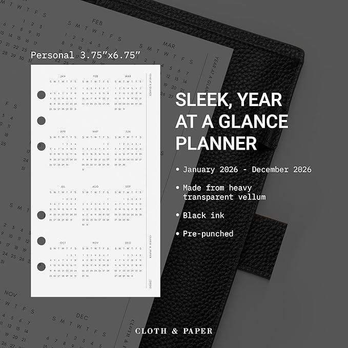 Cloth & Paper 2026 Year At A Glance Planner Dashboard | Personal Size 6 Ring Punch, 3.75 x 6.75 Inches | Transparent Vellum, Pre-Punched, Fits Personal 6 Ring Agenda, Durable Yearly Overview