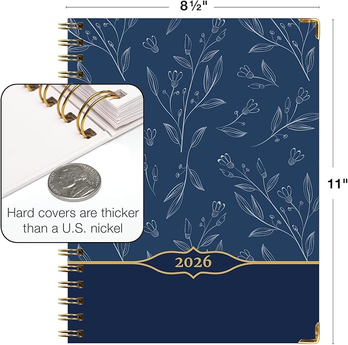 LARGE PRINT HARDCOVER 2026 Planner, 8.5"x11": 14 Months (November 2025 - December 2026), Daily Weekly Monthly Planner, Yearly Agenda, Bookmark, Pocket Folder and Sticky Note Set (Blueberry Vines)