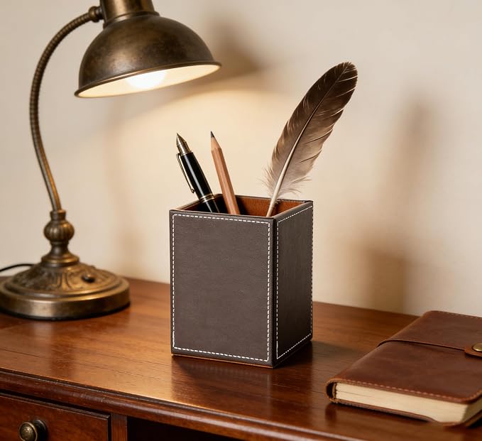 Square Pen Pencil Holder, PU Leather Pencil Cup, Desktop Stationery Organizer, Stand Desk Organizer, Office Accessories Container (Brown)
