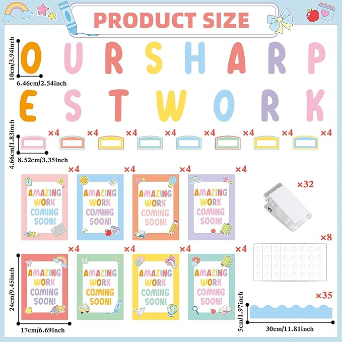 Wiooffen 154 Pcs Student Work Display Bulletin Board Set Bulletin Board Cutouts with Clips Names Display Inspirational Student Work Classroom Wall Decor for Teacher Back to School Supplies Boho