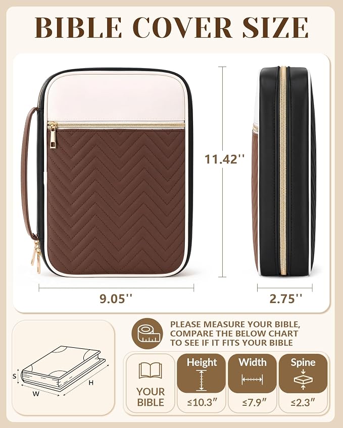 XKDOUS Quilted Leather Bible Cover Case for Women, Zippered Bible Carrying Bag with Study Supplies and Accessories, Waterproof Bible Organizer Holder for Church and Daily Use (White, Black & Brown)