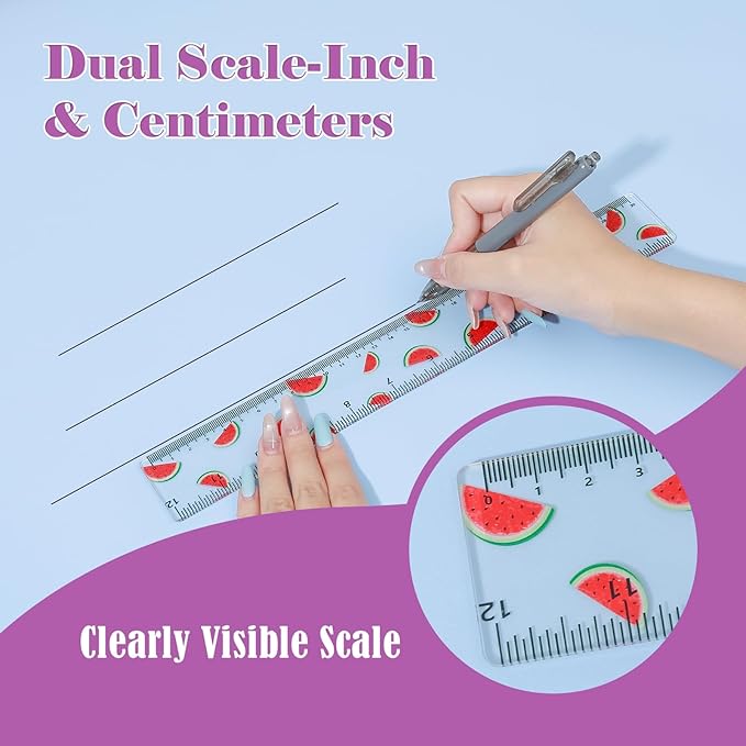 BAYTORY 4Pcs Transparent Acrylic Ruler 12 Inch, Clear Plastic Straight Rulers, Shatterproof Student Stationery Centimeters with Inches, for Classroom Essentials School Supplies (Fruit 12 Inch)