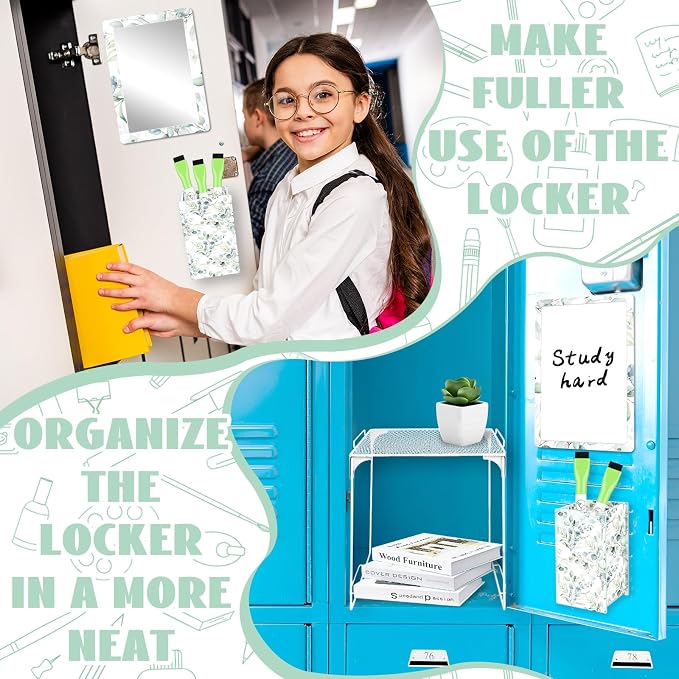 Denylo pro Magnetic Locker Accessories Kit Green Leaves Back to School Essentials Locker Organizer Supplies Include Mirror Whiteboard Pen Shelf Pencil Case Magnet Back to School Essentials