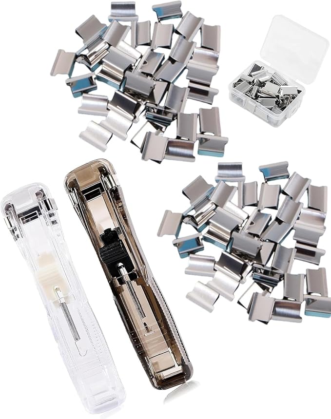 2-Pack Reusable Binder Clip Stapler, Portable Push Clip Stapler with 200 Refill Clips, Punchless Desktop Stapler for Office School Home, Eco-Friendly Paper Clamp Dispenser (W+B)