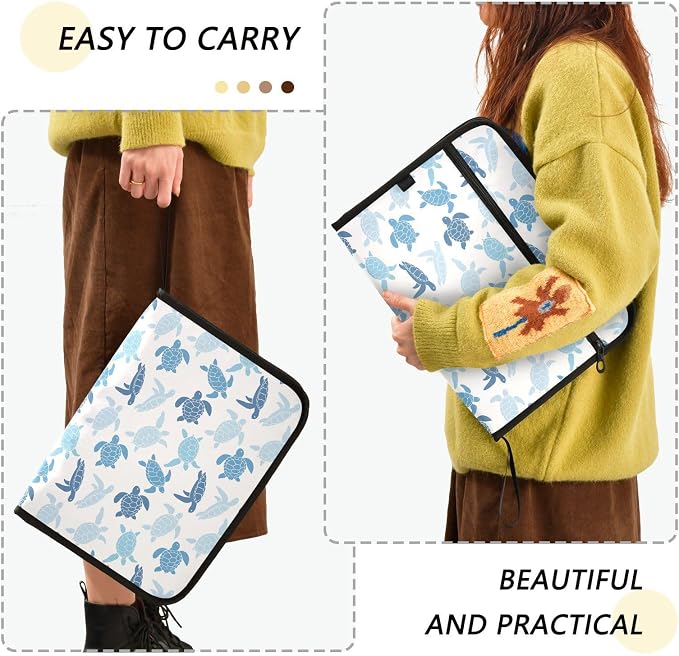 Blue Cute Turtle File Folders, Plastic Folders with 13 Pockets, Expandable File Folder for Documents School Students Office, Aesthetic Folder with Labels A4 Letter Size