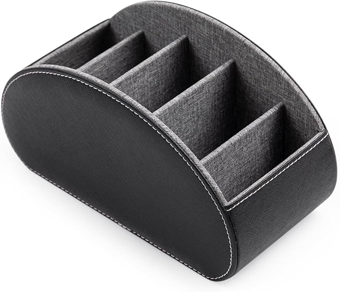 BONNY DODO Remote Control Holders Organizer Box with 5 Compartment PU Leather Multi-functional Office Desk Storage Caddy Store (Black)