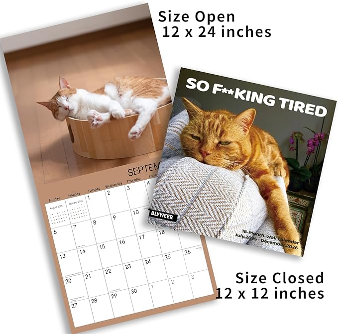 2026 Wall Calendar,Cat Calendar 2026,So Tired cat Monthly Wall Calendar, 12" x 24" Open,Family Planner Calendar Organizer with Cat Tired Funny Expression Moment Images, for Cats Lovers