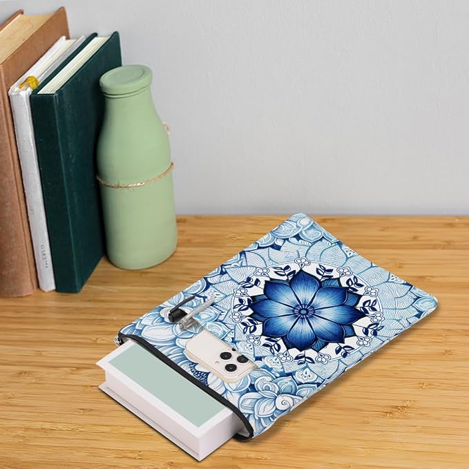 Blue Floral Bible Book Sleeve, Book Lovers Gifts Sleeve with Zipper & Front Pocket, 11.4x8.8 Inch Canvas Books Cover Protector Bookish Bible Gifts for Readers Librarian Women Teacher