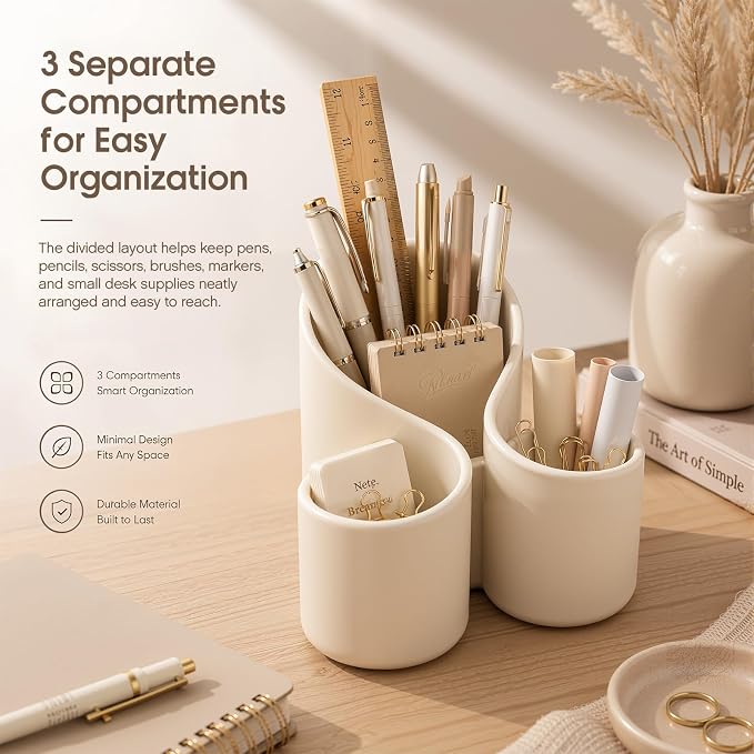 Aesthetic Desk Organizer Boho Pen Holder Modern Pencil Holder Beige Plastic Makeup Brush Organizer for Office Desk Accessories Stylish Home Office Art Decor Supplies (3 Slots)