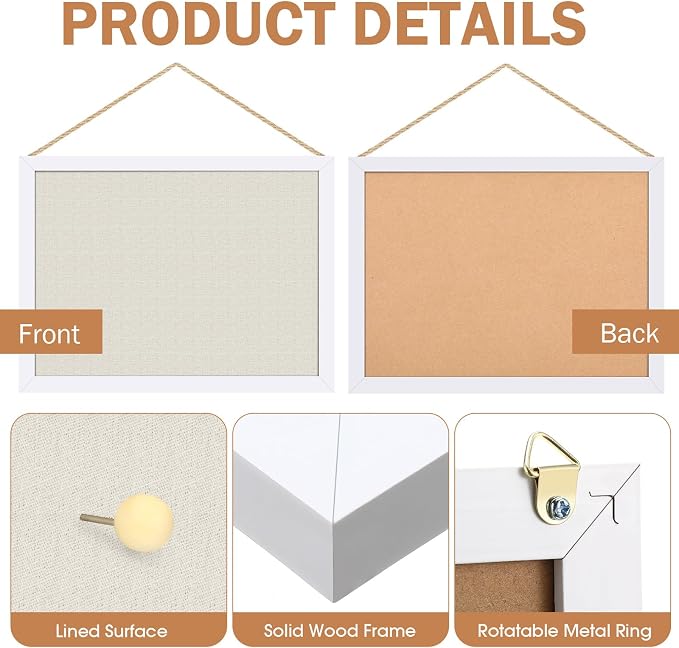 Teling 9 Pack Wood Bulletin Boards with Linen 12''x 16'' Cork Board for Walls with 90 Pushpin Decorative Wood Framed Display for School Office Home Decor (White)