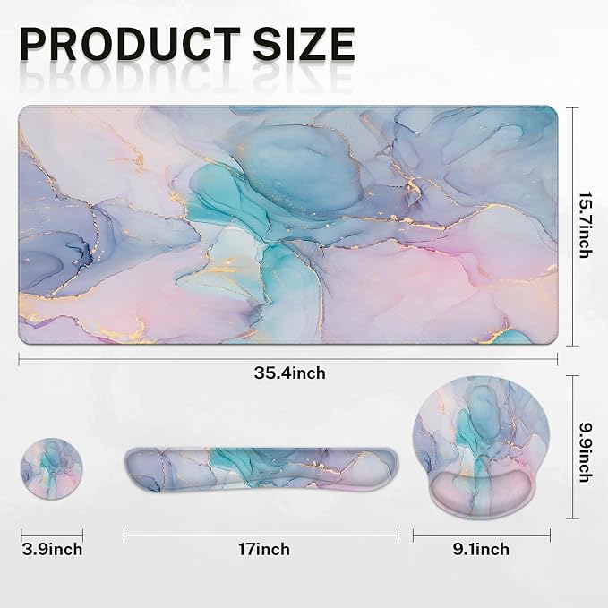 Britimes Blue Purple Liquid Marbling Keyboard Mouse Pad Set 4in1 Large Mousepad+Keyboard Wrist Rest+Mouse Wrist Rest+Coaster Ergonomic Design for Home Office Computer 35.4x15.7 inches
