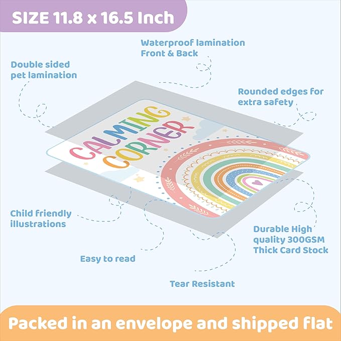 jackinthebox 12 Calming Corner Posters with Gold Foil Embedded Stars - 12 x 17 inches Laminated Classroom Decor Posters, Calm Down Corner Supplies, Emotions Charts for Kids