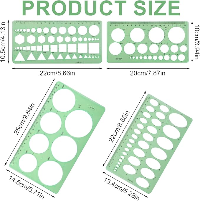 4pcs Circle Template for Drawing, Transparent Plastic Drafting Tool Various Geometric Round Circle and Oval Stencil Formwork Ruler Measuring Tool for Office School Building Drawings (Green)
