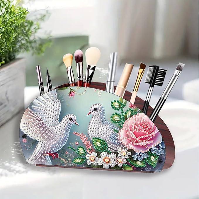 Remote Control Holder with 4 Compartments, DIY Diamond Art Painting Wooden Half Moon TV Control Holder for Remote Controllers, Office Supplies, Makeup Brush, Media Accessories-Pigeon-2