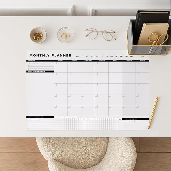 ThreeKin Onyx Monthly Planner - Premium 18-Sheet Tear-Off Notepad, 12 x 18 inches, Clean Design, Perfect for Work, School, Projects, and Entrepreneurs, Female & USA Owned Business