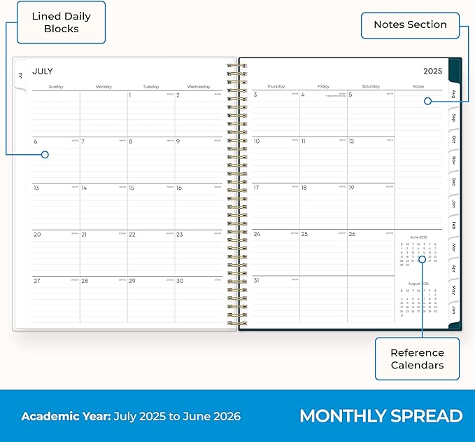 Blue Sky 2025-2026 Weekly and Monthly Academic Year Planner Calendar, July 2025 - June 2026, 5.875" x 8.625", Frosted Flexible Cover, Wirebound, Laminated Tabs, Greta