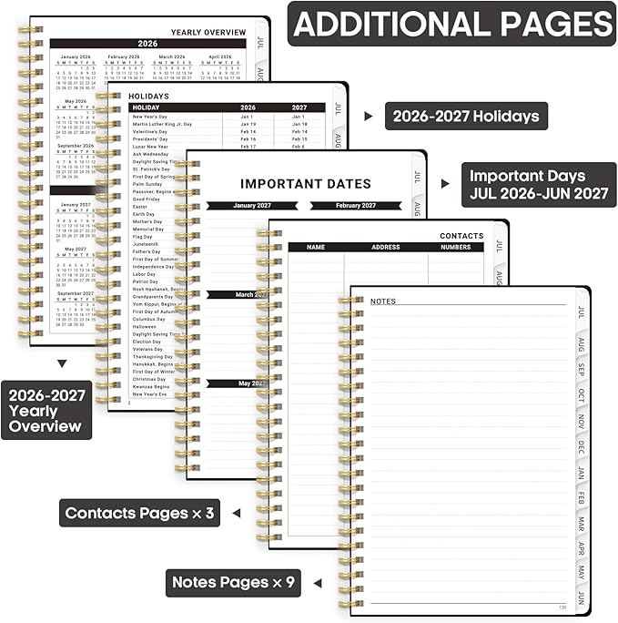 Academic Planner 2026-2027, Weekly and Monthly Calendar Planner Book, July 2026 – June 2027, Hardcover Organizer with Tabs, Perfect for Teachers, Students, Women & Men, A5 (6.4" x 8.5") - Black