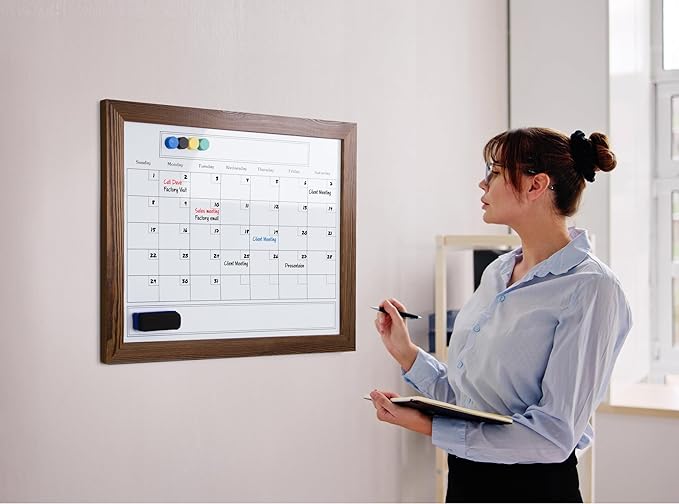 Large Magnetic Dry Erase Whiteboard Calendar with Real Wooden Frame, Large 24" x 30" Size, Wall Mount, Includes 4 Assorted Color Markers, Eraser and 4 Magnets, by Better Office Products (Rustic Brown)