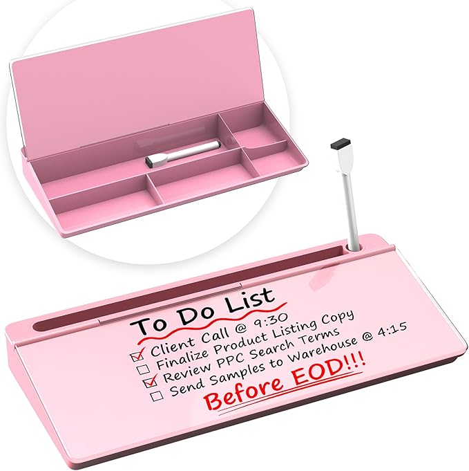 Glass Desktop Whiteboard, Dry Erase Board with Marker Holder, Computer Monitor Message Board and Desk Organizer for Home, Office and School Supplies (Pink)