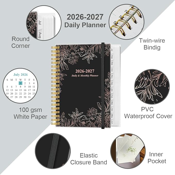 Daily Planner 2026-2027 Full Page Per Day- 2026-2027 Daily & Monthly Planner from July 2026 to June 2027, Day Planner 2026-27 with 12 Months Tabs, 6.4" x 8.5", Black Flowers