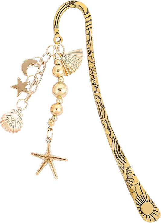 Charm Metal Bookmark Gifts - Seashell Starfish Book Marks for Reading Women Girls Funny Gold Y2k Beads Aesthetic Page Marker for Sea Ocean Lovers Birthday Students Teachers School Supplies