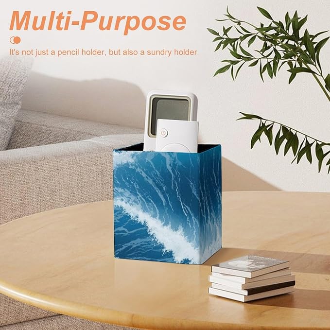 Pen Holder Square Leather Pencil, Holder Cup Makeup Brush Storage Organizer, Waterproof Multifunctional Office Supplies Blue Ocean Sea Wave
