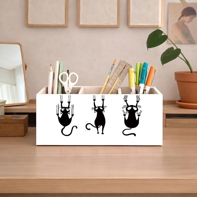 Funny Cat Pencil Holder, Wooden Desk Organizer with Cartoon Cats Climbing, Pen and Pencil Storage, Office and Study Desk Accessories