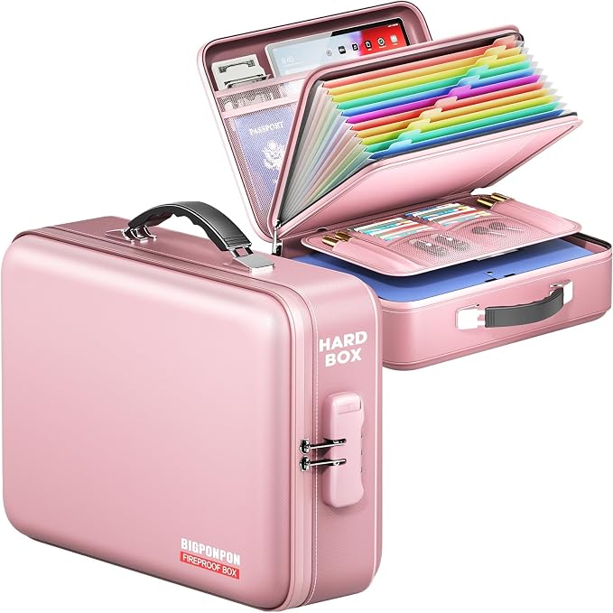 Fireproof Document Box, Hard Case Highly Flame-Resistant Fire Proof Waterproof File Organizer with Lock, Portable Fire Safe for Important Documents & Valuables Storage (Pink, ‎14"*11"*5")