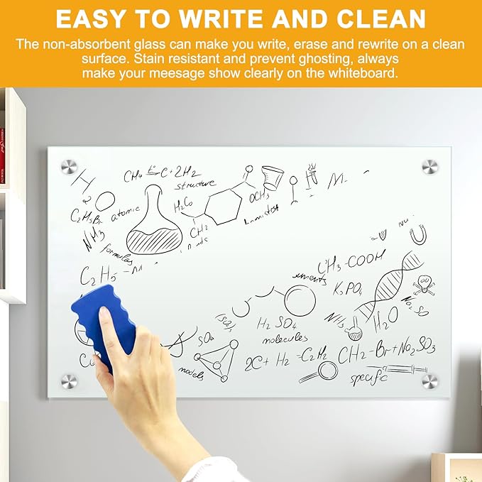 H-Qprobd Glass Magnetic Dry Erase Whiteboard 36"x24" for Wall, Frameless White Board, Includes 12 Magnets, 8 Markers and 2 Erasers