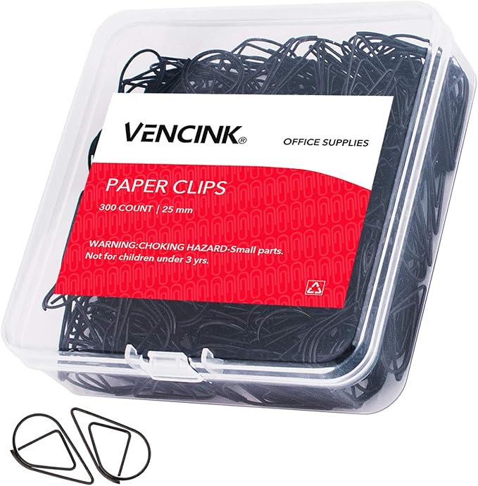 Black Cute Paper Clips, VENCINK 300 Pieces Smooth Stainless Steel Drop-Shaped Wire Small Paperclips for Office Supplies Wedding Women Girls Kids Students Paper Document Organizing (1 inch)