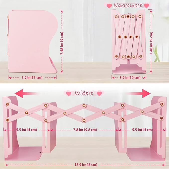 Non Skid Book Ends to Hold Books, Carooyac Heavy Duty Bookends Adjustable Book End, Metal Bookends for Shelves, Pink Book Holders Organizer for Bookshelf Desk - Extends up to 19"