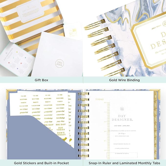Day Designer 2026-2027 Mini Daily Academic Year Planner Calendar, July 2026 - June 2027, 6" x 8.125", Glossy Laminated Cover, Wirebound, Laminated Tabs, Storage Pocket, Includes Stickers & Snap-In Ruler, Azure