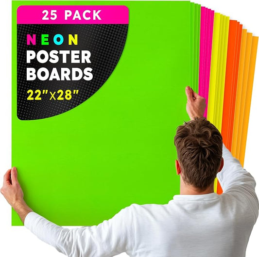 Hygloss Medium Poster Board 22x28 - 25 Assorted Neon Color Bulk Pack - 10 Pt. Thickness Colored Poster Board Paper for Projects, Signs, Displays - Posterboard Multipack 22" x 28"