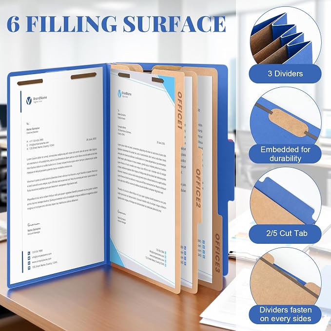 AmazingSpark 18 Pcs 3 Dividers Legal Size Classification Folders Bulk Pressboard File Folder with Expansion 2 Prongs Fastener Heavy Duty Office File Organizer for School Hospitals Home (Dark Blue)
