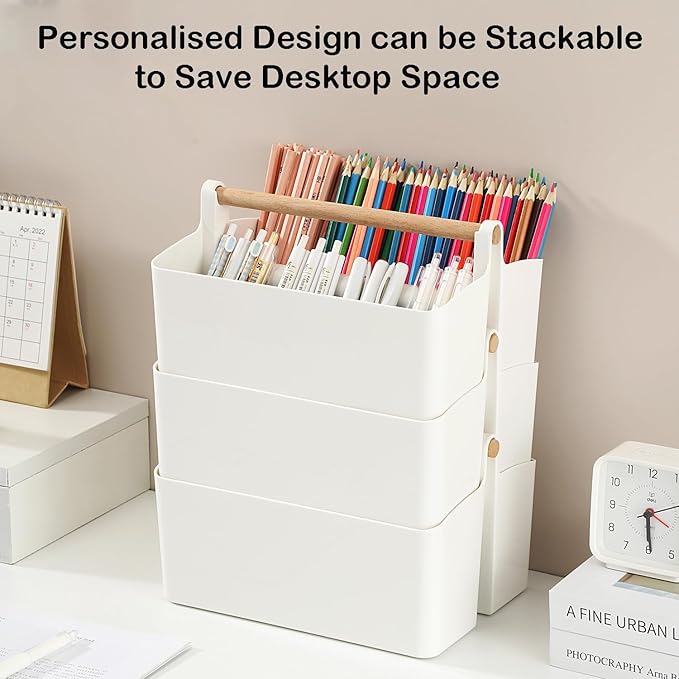 Desk Organizer, Pen Holder, Marker organizer with 8 Compartments - Portable Plastic Pencil Storage Box for Office Supplies, Art Materials, Home Organization (White Large)
