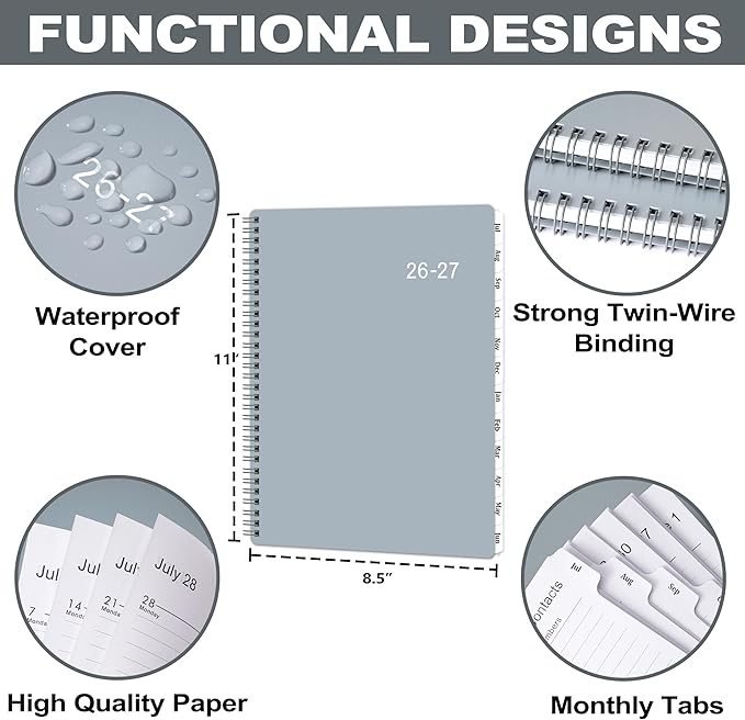2026-2027 Planner - 2026-2027 Planner Weekl and Monthly from July 2026 to June 2027, Academic Planner with Spiral Bound, Inner Pocket, 8.5'' x 11'', Grey