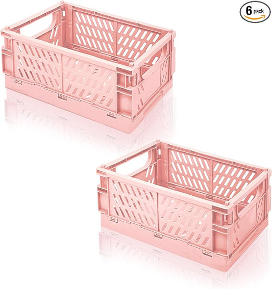 2 Pack Mini Foldable Small Plastic Baskets for Organizing and Storage，Collapsible Storage Crates,Mini Bins for Home Kitchen Bedroom Bathroom Office (Pink, Large 10x6.5x4)
