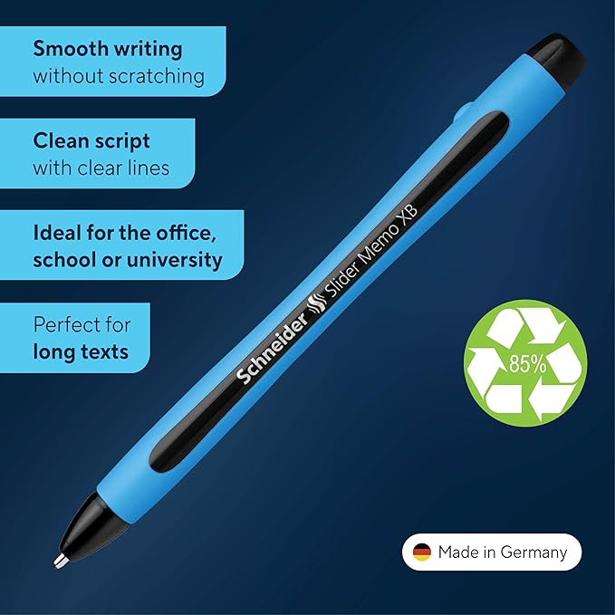 Schneider Slider Memo XB (Extra Broad) Ballpoint Pen, 1.4 mm, Light Blue Barrel, Black Ink, Box of 10 Pens (150201)